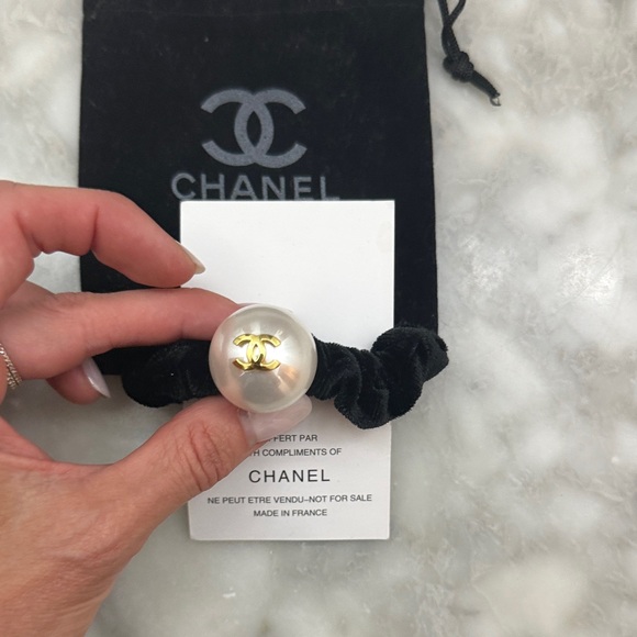 CHANEL Accessories - CHANEL Black Velvet Scrunchie with Pearl and Gold CC